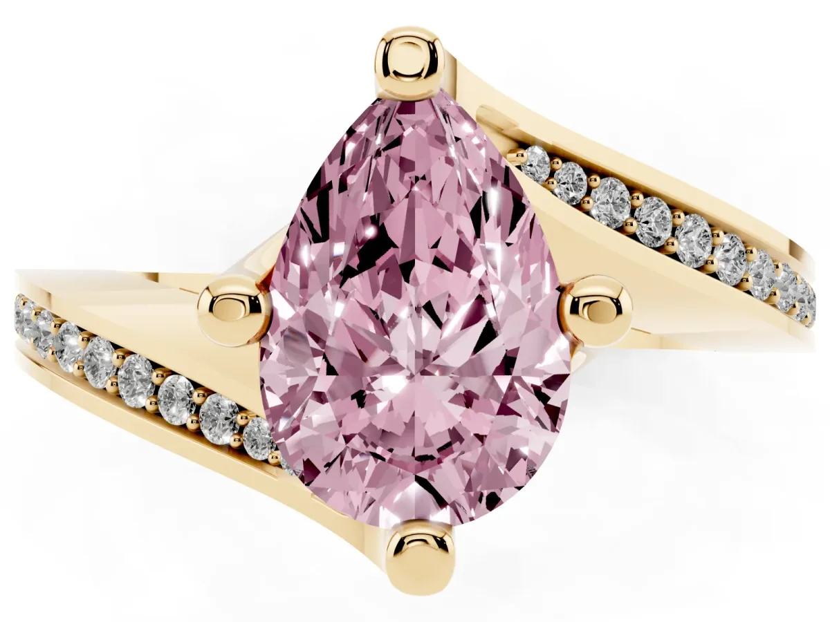 Fancy Pink Pear Cut Solitaire Diamond Twist Band with Pavé Setting and Four-Prong Setting Yellow gold