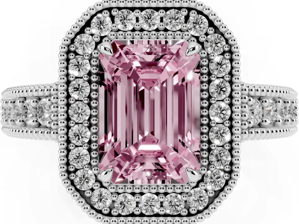 Fancy Pink Emerald Cut Cut Halo Diamond Ring with Pavé Band and Four-Prong Setting Platinum