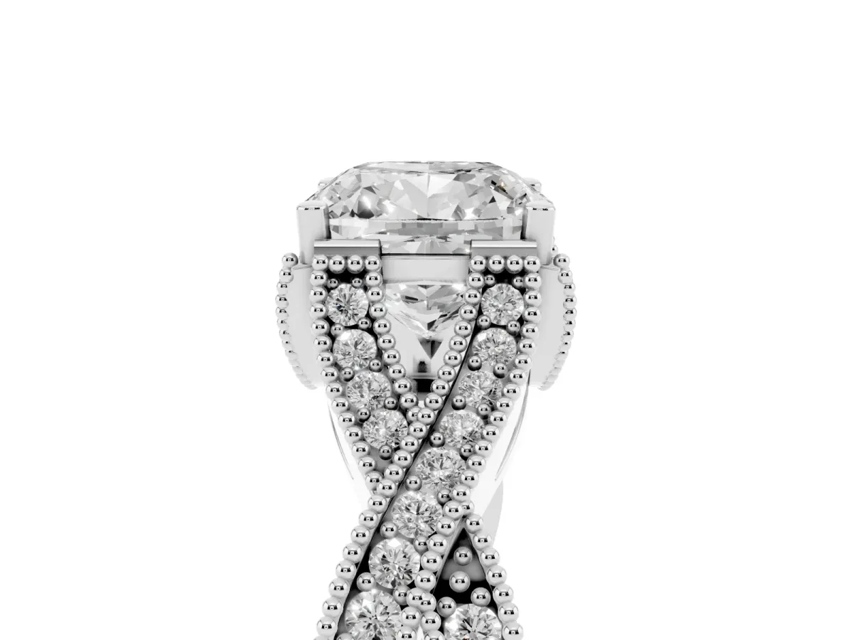 Cushion Cut Cut Diamond Twisted Band with Milgrain Pave Setting and Four-Prong Setting Silver