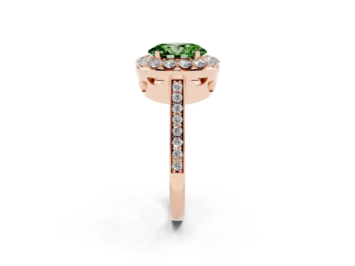 Fancy Green Oval Cut Diamond Floral Halo Ring with Pavé Band and Prong Setting Rose gold
