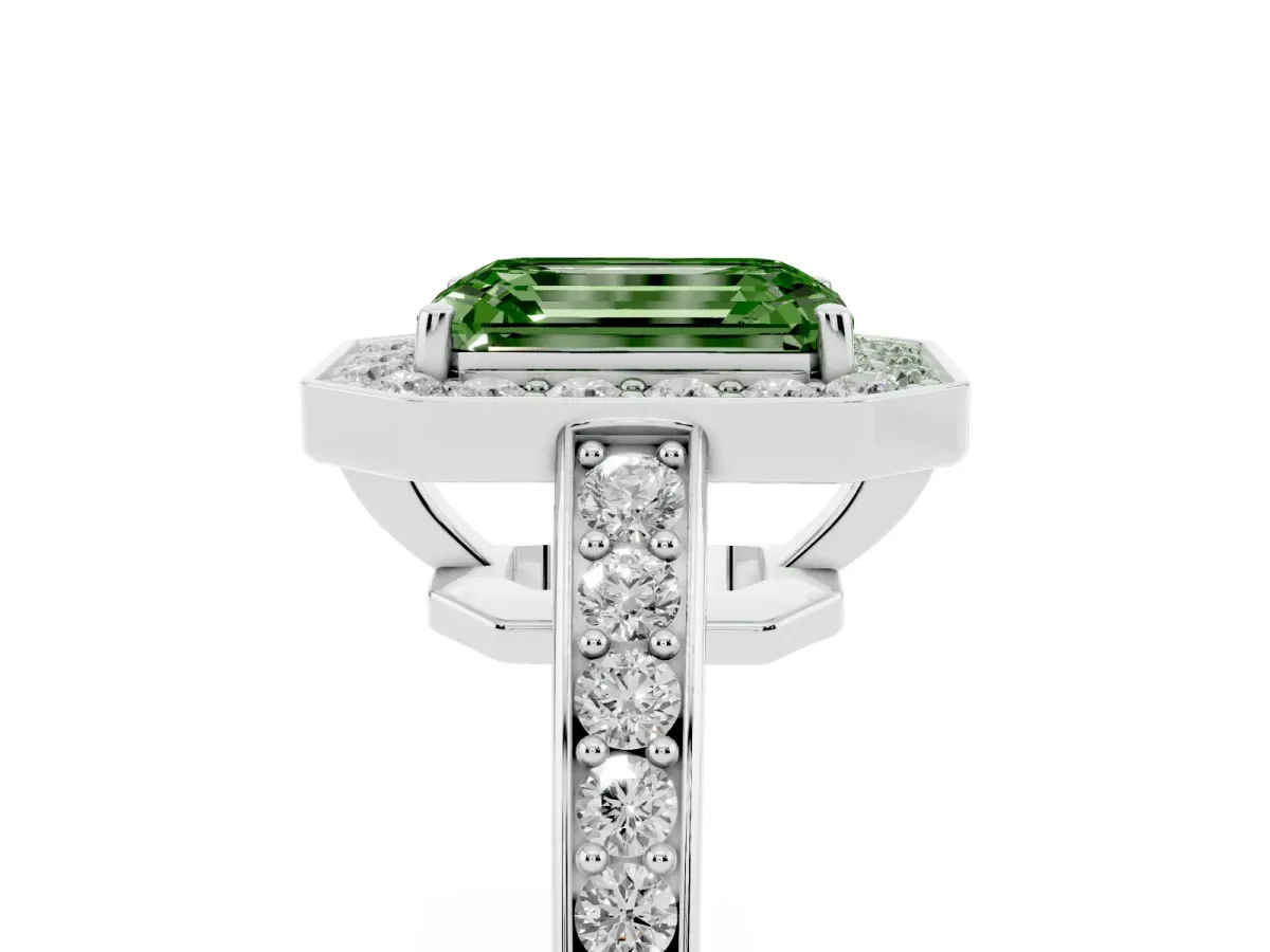 Fancy Green Emerald Cut Halo Pavé Diamond Engagement Ring with Bezel Setting Silver