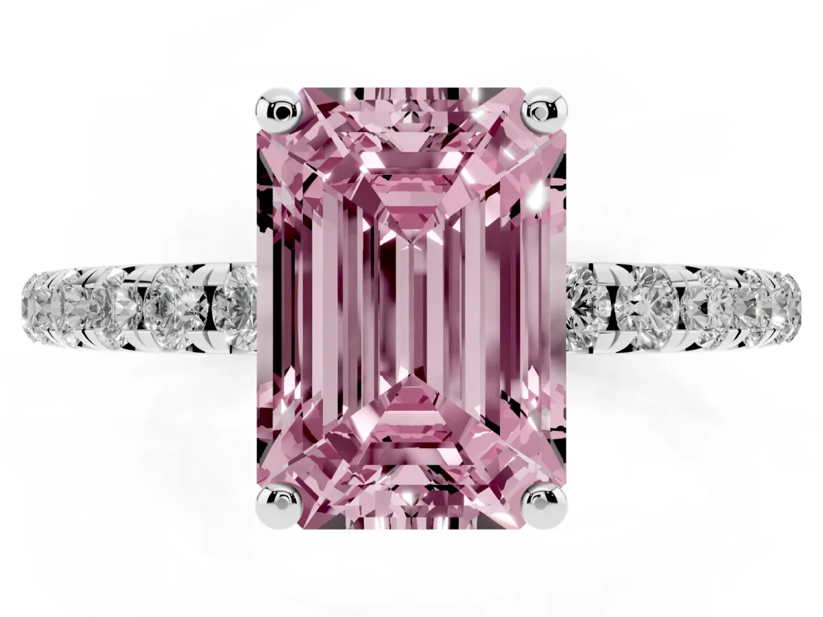 Fancy Pink Emerald Cut Cut Diamond Solitaire Ring with Micro Pave Band and Four Prong Setting Silver