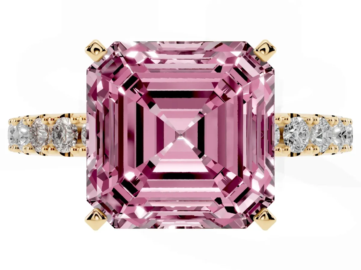 Fancy Pink Asscher Cut Diamond Solitaire Pavé Band with Four-Prong Setting Yellow gold