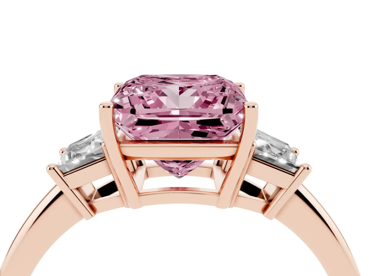 Fancy Pink Princess Cut Diamond Three-Stone Ring with Trapezoid Side Stones and Prong Setting Rose gold