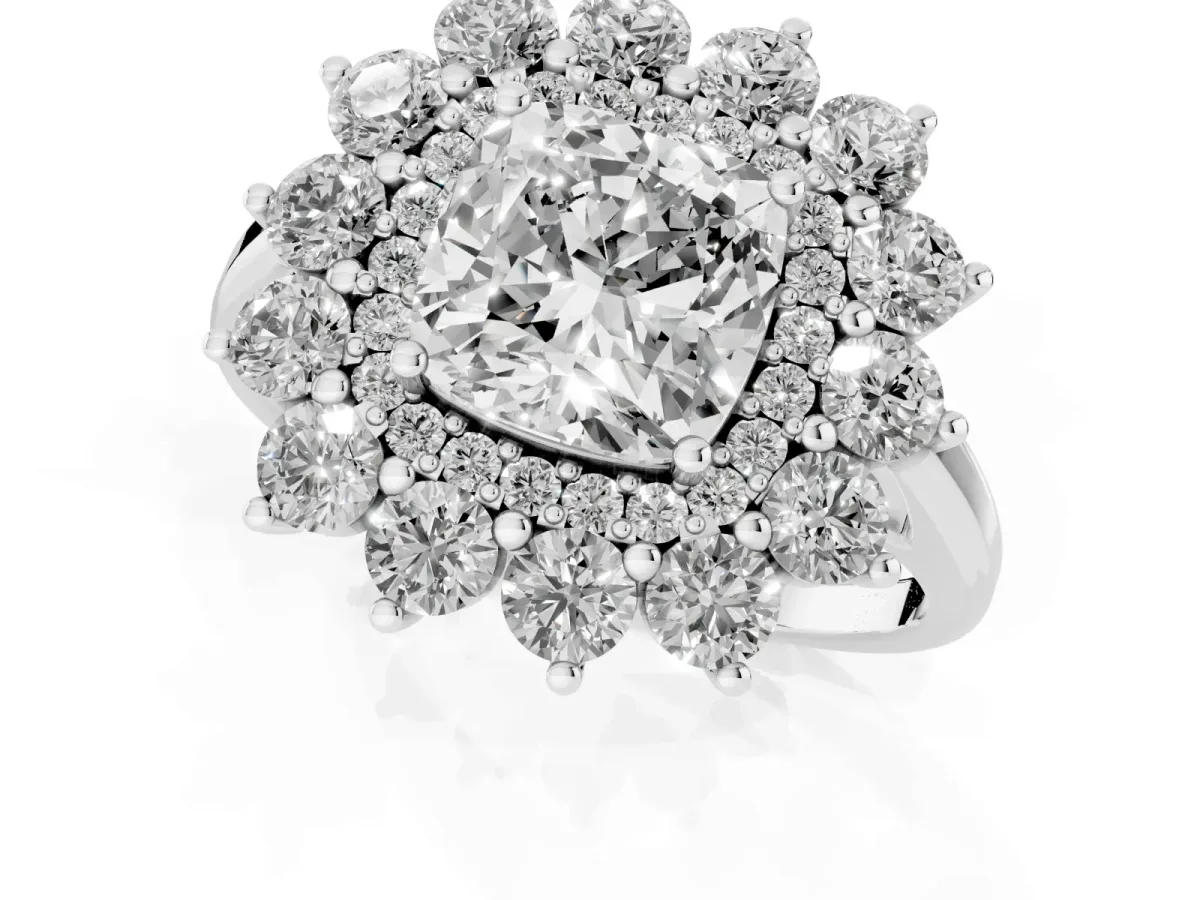 Cushion Cut Diamond Floral Double Halo Engagement Ring with Prong Setting Silver