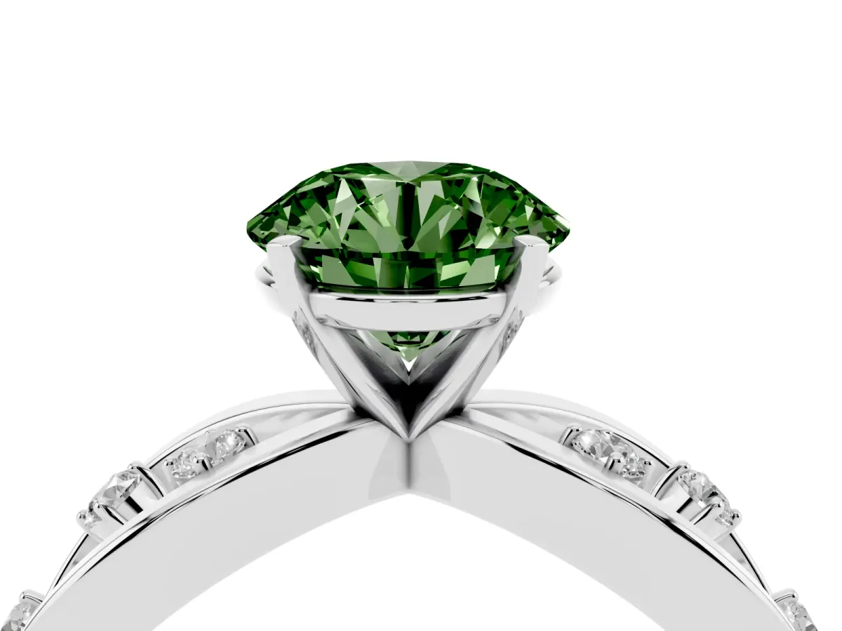 Fancy Green Round Cut Cut Solitaire Diamond with Side Stones on Criss-Cross Band and Four-Prong Setting Platinum