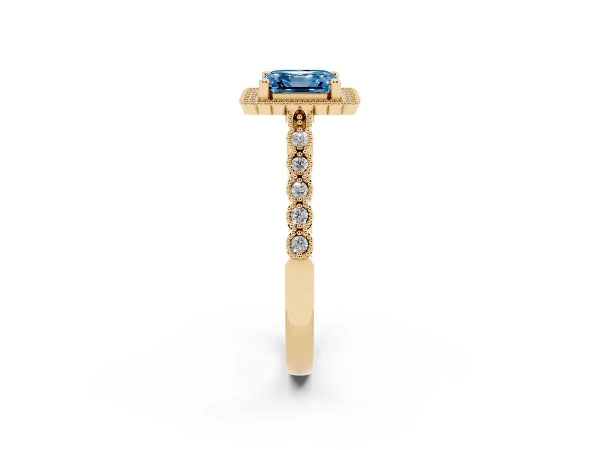 Fancy Blue Asscher Cut Cut Halo Pavé Solitaire Ring with Milgrain Band Yellow gold