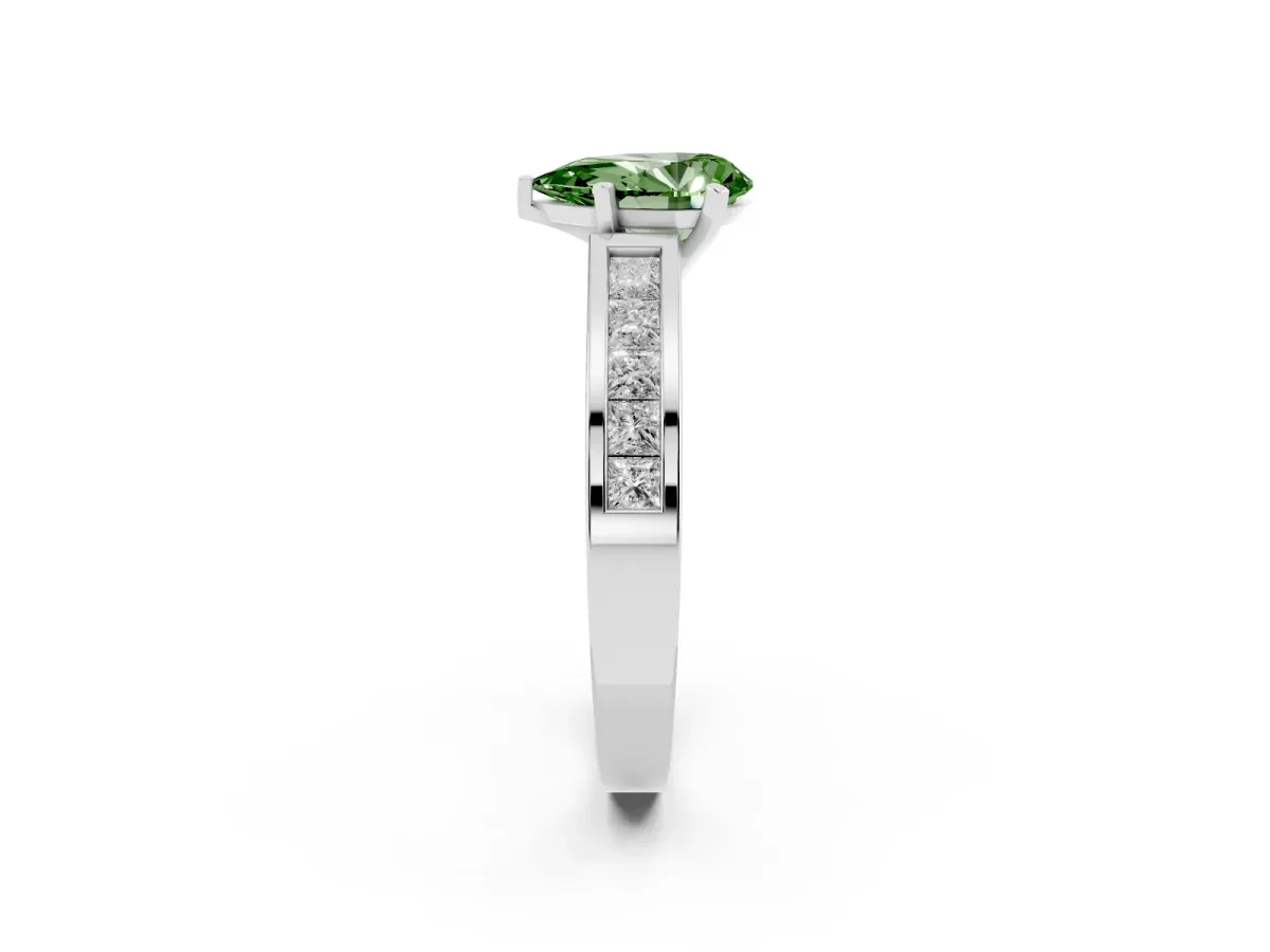 Fancy Green Pear Cut Solitaire Diamond Ring with Channel-Set Band and Four-Prong Setting Silver