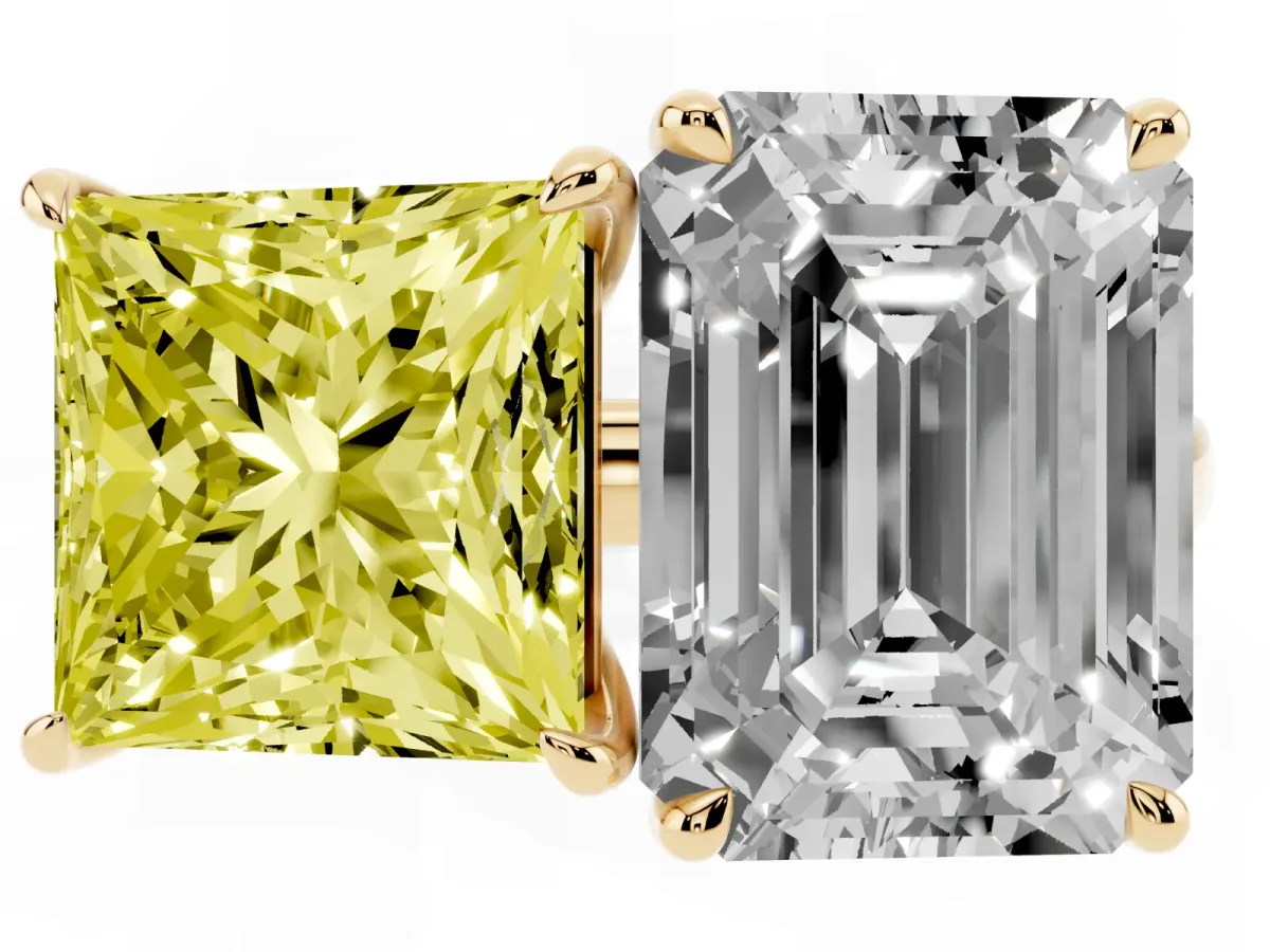 Fancy Yellow Princess Cut and Emerald Cut Toi Moi Ring with Prong Setting Yellow gold
