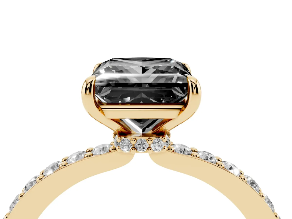 Fancy Black Princess Cut Diamond Solitaire Engagement Ring with Pavé Band and Four-Prong Setting Yellow gold