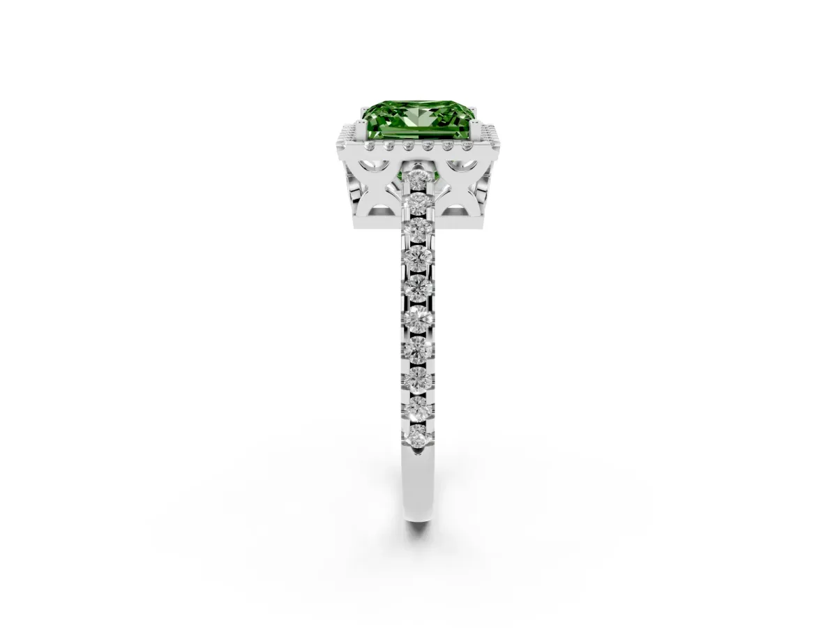Fancy Green Princess Cut Diamond Halo Engagement Ring with Pavé Band and Prong Setting White gold