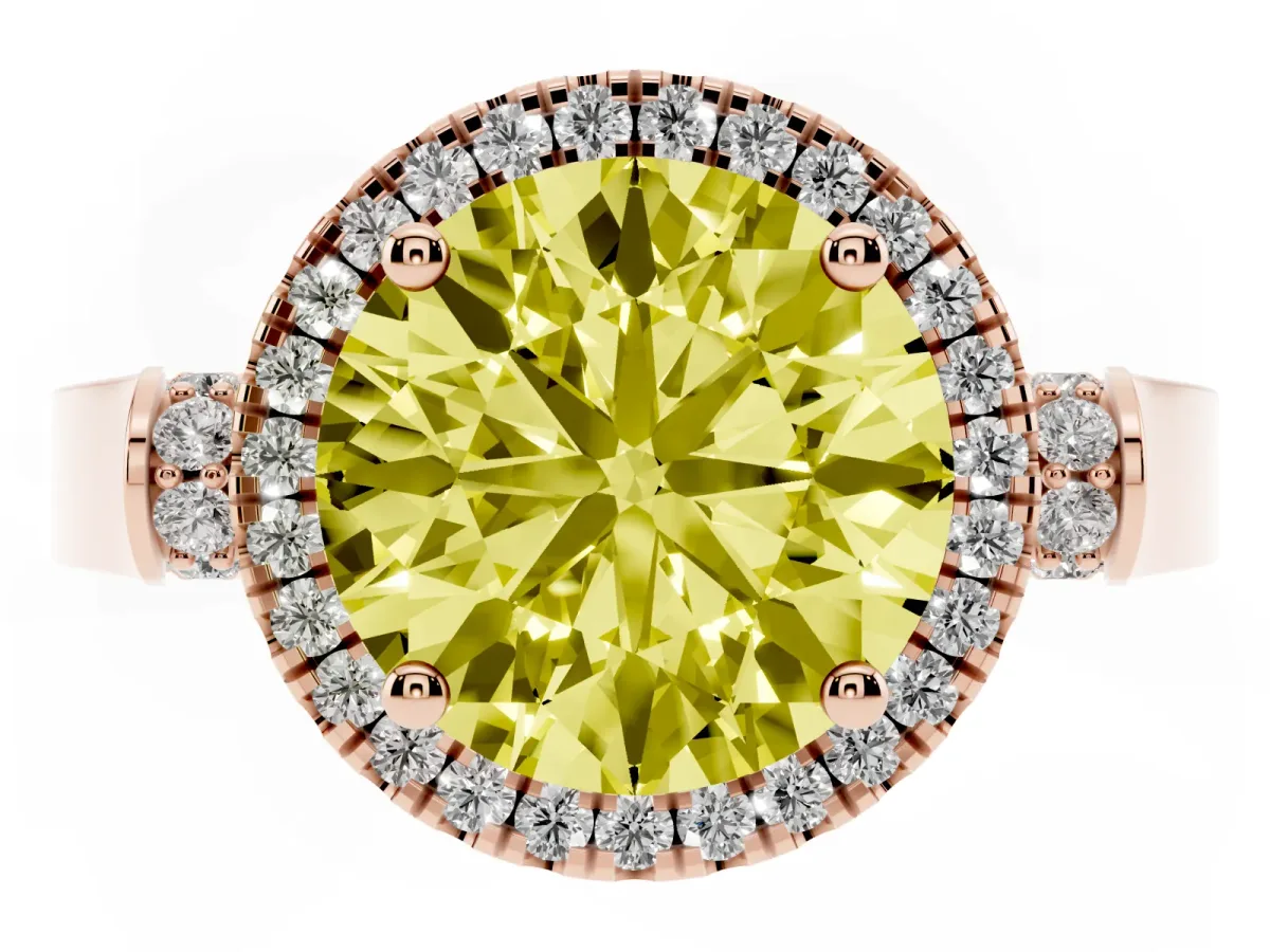 Fancy Yellow Round Cut Halo Round Diamond Twist Band with Four-Prong Setting Rose gold