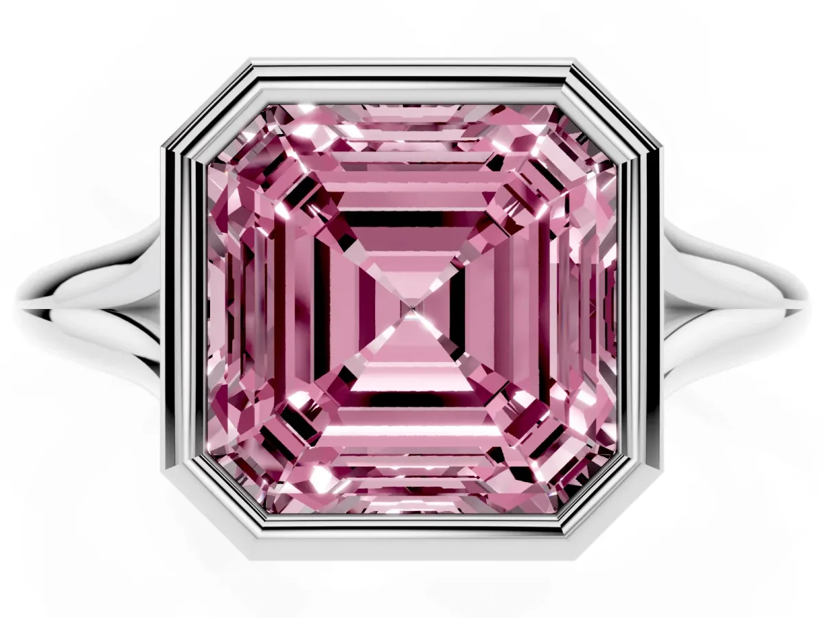 Fancy Pink Bezel Set Asscher Cut Cut Solitaire Ring with Tapered Band Silver