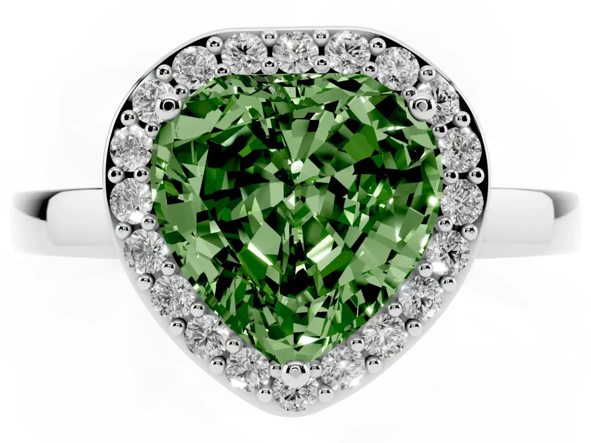 Fancy Green Heart Cut Halo Diamond Ring with Solitaire Band and Prong Setting Silver