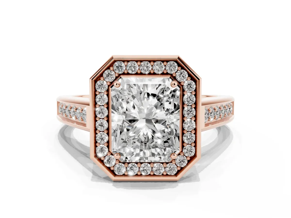 Radiant Cut Halo Solitaire Diamond Ring with Pave Band and Bezel Setting Rose gold