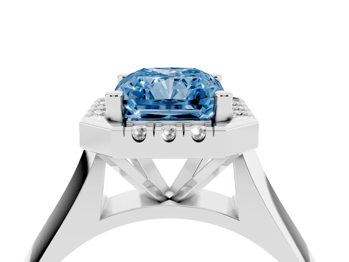 Fancy Blue Radiant Cut Cut Halo Solitaire Engagement Ring with Square Band and Four-Prong Setting Silver