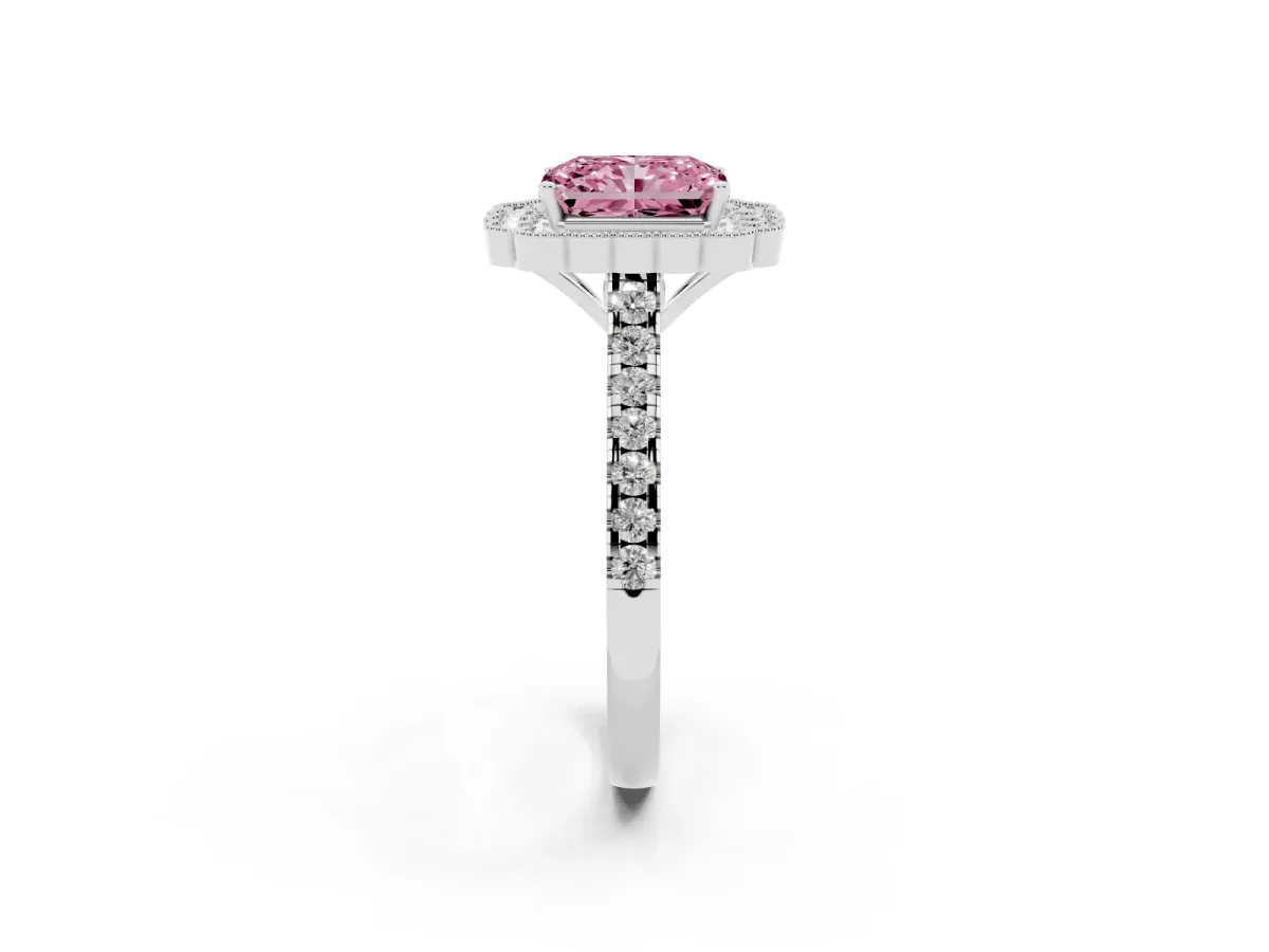 Fancy Pink Radiant Cut Cut Diamond Milgrain Floral Halo Engagement Ring with Pavé Band White gold