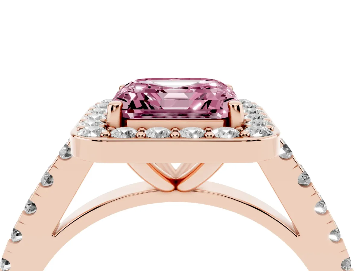 Fancy Pink Asscher Cut Diamond Halo Ring with Round Pavé Split Shank and Prong Setting Rose gold