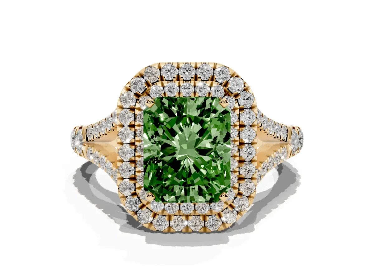 Fancy Green Radiant Cut Diamond Pavé Split Shank Double Halo Engagement Ring Yellow gold