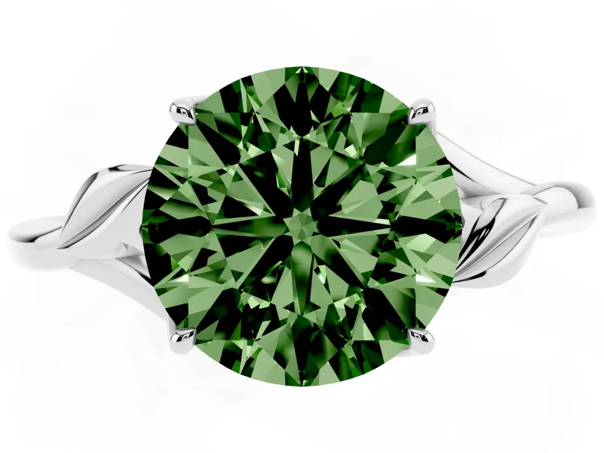 Fancy Green Round Cut Diamond Solitaire Ring with Twist Band and Four-Prong Setting Silver