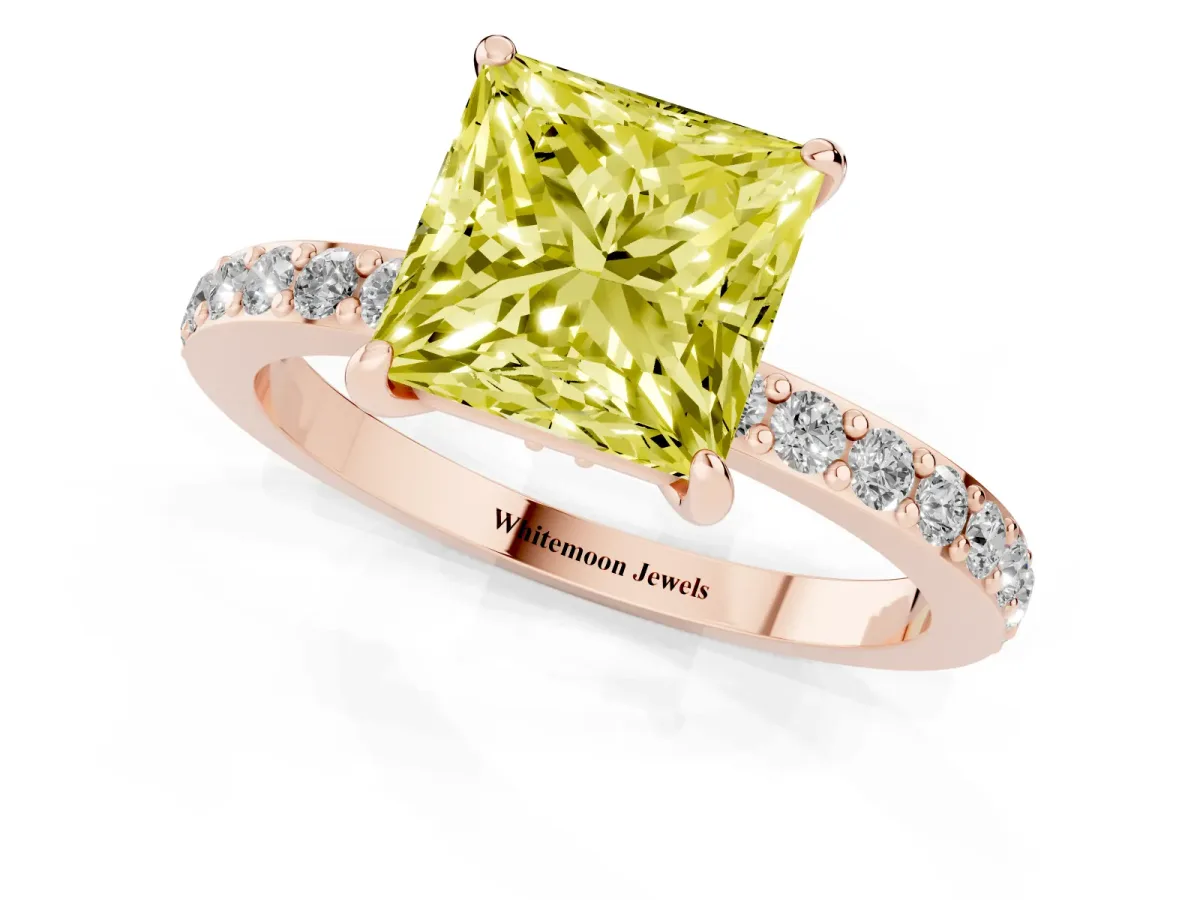 Fancy Yellow Princess Cut Diamond Pavé Engagement Ring with Round Accents and Prong Setting Rose gold