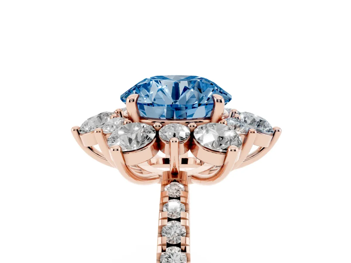 Fancy Blue Round Cut Diamond Floral Halo Ring with Round Pavé Band and Prong Setting Rose gold
