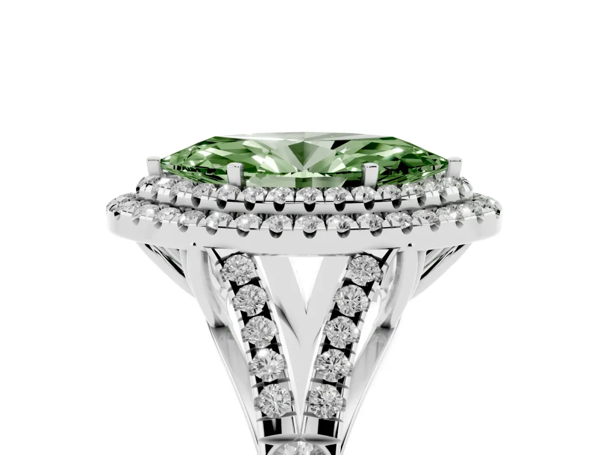 Fancy Green Double Halo Marquise Cut Diamond Split Shank Engagement Ring with Four-Prong Setting Silver