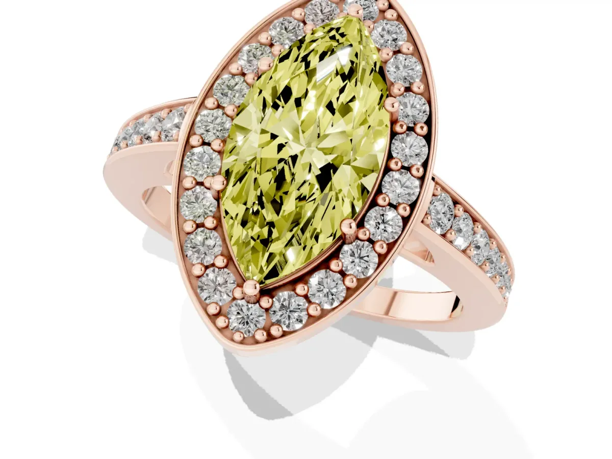 Fancy Yellow Marquise Cut Halo Pavé Diamond Engagement Ring with Bezel Setting Rose gold
