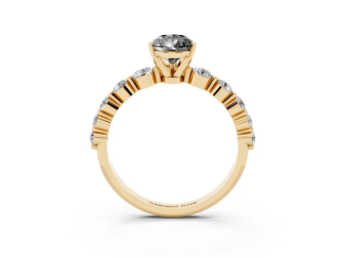 Fancy Black Pear Cut Solitaire Diamond Ring with Pave Band and Four-Prong Setting Yellow gold