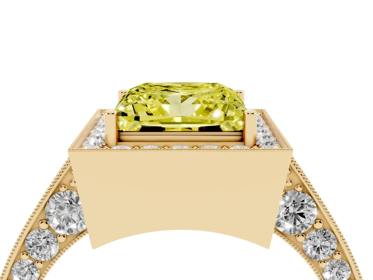 Fancy Yellow Princess Cut Halo Diamond Engagement Ring with Split Shank Band and Four-Prong Setting Yellow gold