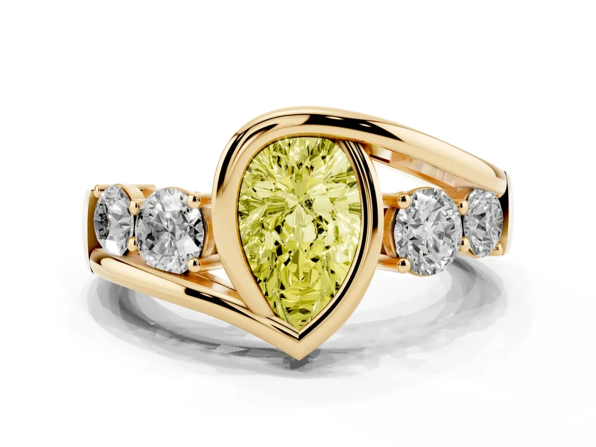 Fancy Yellow Bezel Set Pear Cut Diamond Bypass Ring with Round Accents Yellow gold