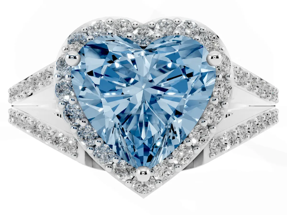 Fancy Blue Heart Cut Halo Split Shank Pave Diamond Ring with Four-Prong Setting Silver