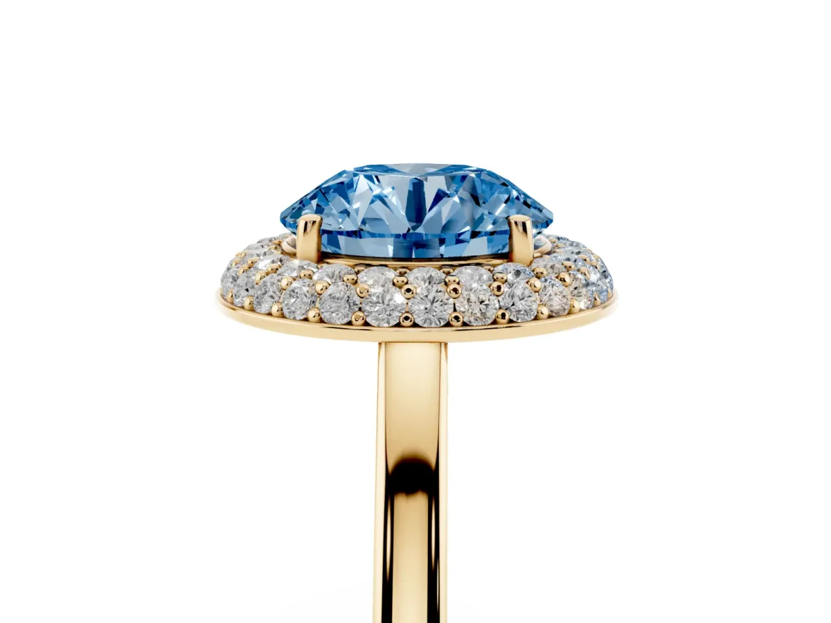 Fancy Blue Round Cut Halo Diamond Engagement Ring with Solitaire Band and Four-Prong Setting Yellow gold