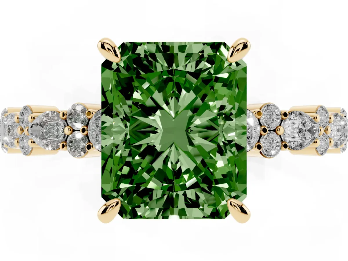 Fancy Green Radiant Cut Diamond Side Stone Solitaire Ring with Round and Four-Prong Setting Yellow gold