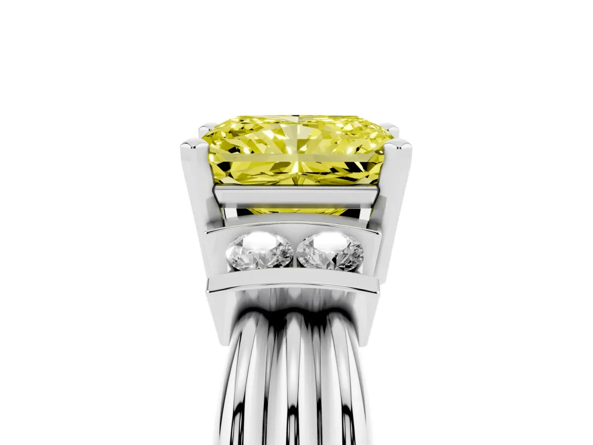 Fancy Yellow Radiant Cut Cut Three-Stone Channel Set Ring with Bar Prongs Silver