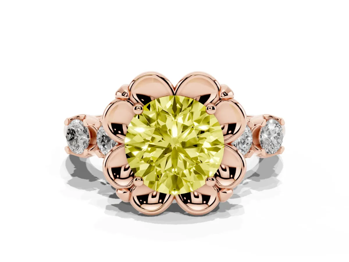 Fancy Yellow Round Cut Cut Diamond Floral Halo Engagement Ring with Shared Prong Setting Rose gold