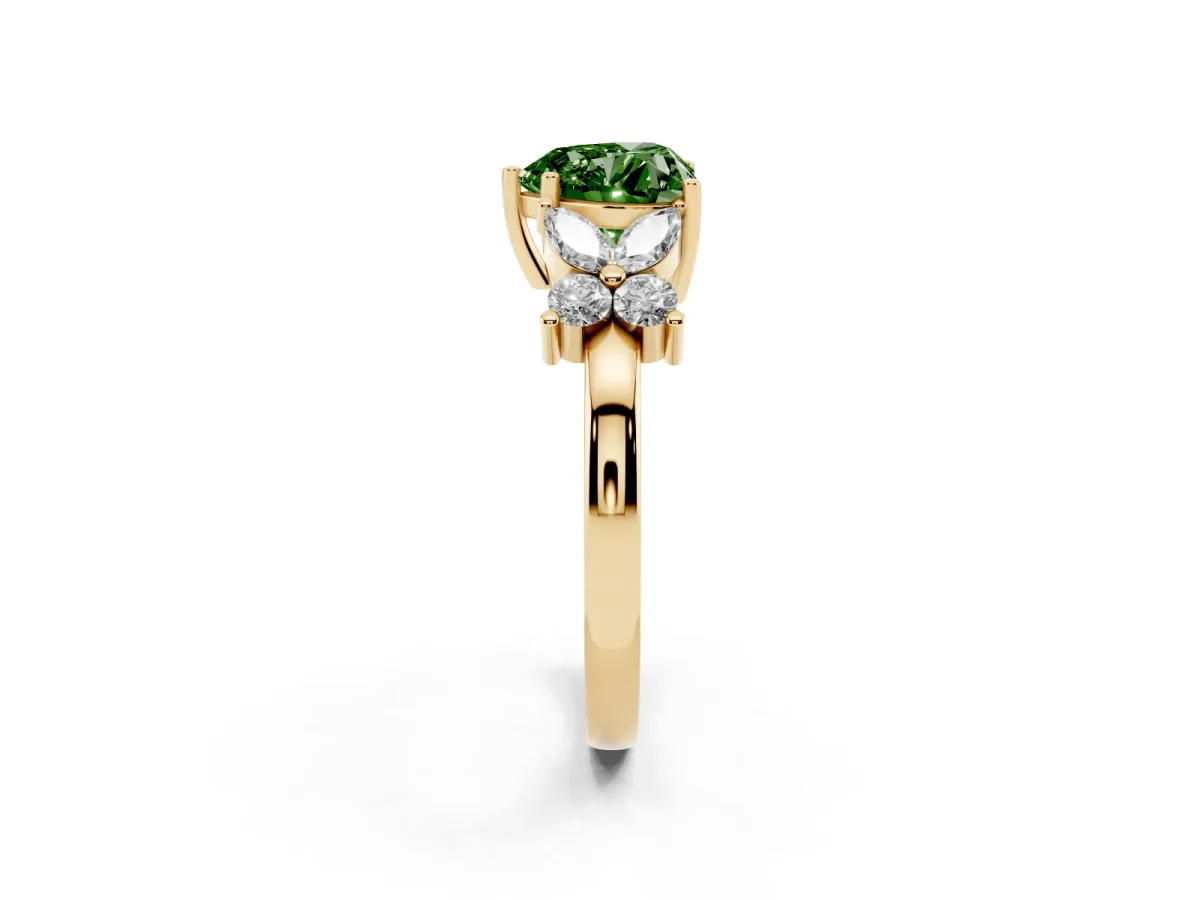 Fancy Green Heart Cut Diamond Floral Cluster Ring with Solitaire Band and Prong Setting Yellow gold