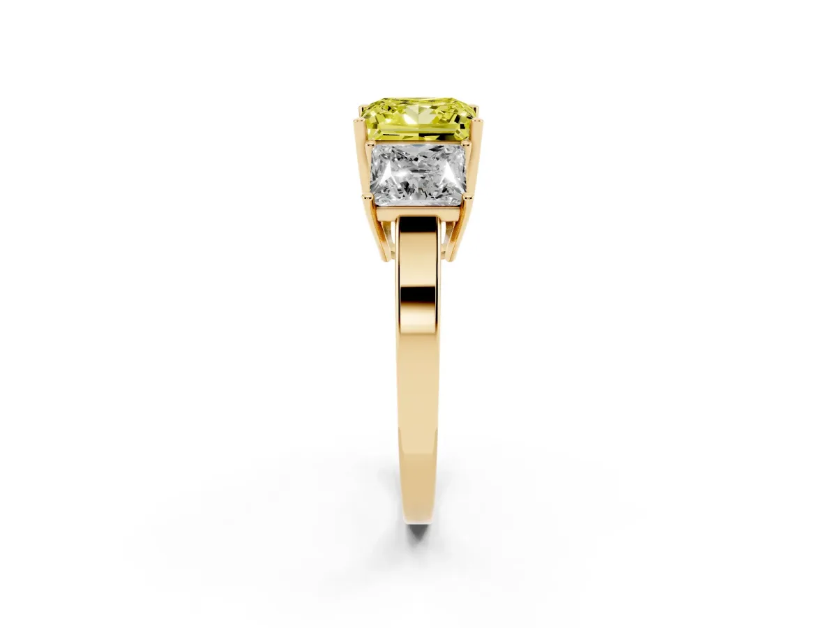 Fancy Yellow Three-Stone Princess Cut Cut Diamond Engagement Ring with Flat Band and Four-Prong Setting Yellow gold