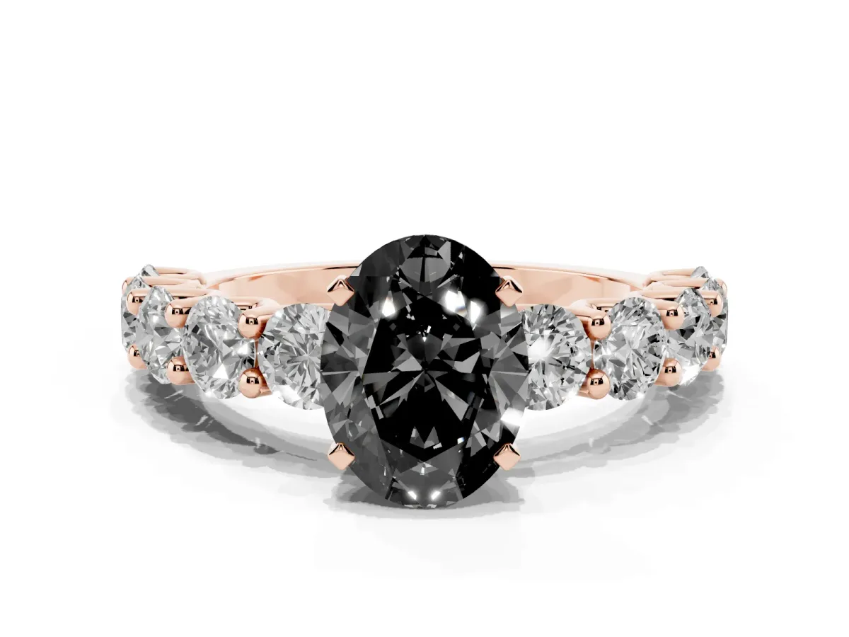 Fancy Black Oval Cut Diamond Prong Setting with Side Stones on a Pave Band Rose gold