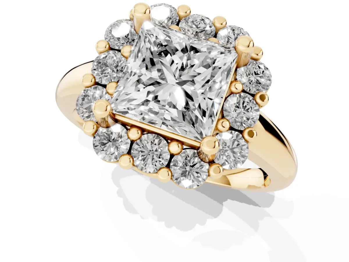 Princess Cut Halo Cluster Diamond Engagement Ring with Prong Setting and Polished Band Yellow gold