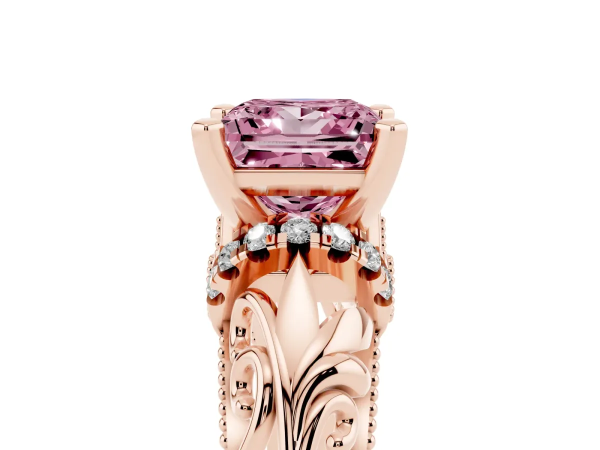 Fancy Pink Princess Cut Solitaire Filigree Engagement Ring with Halo and Prong Setting Rose gold
