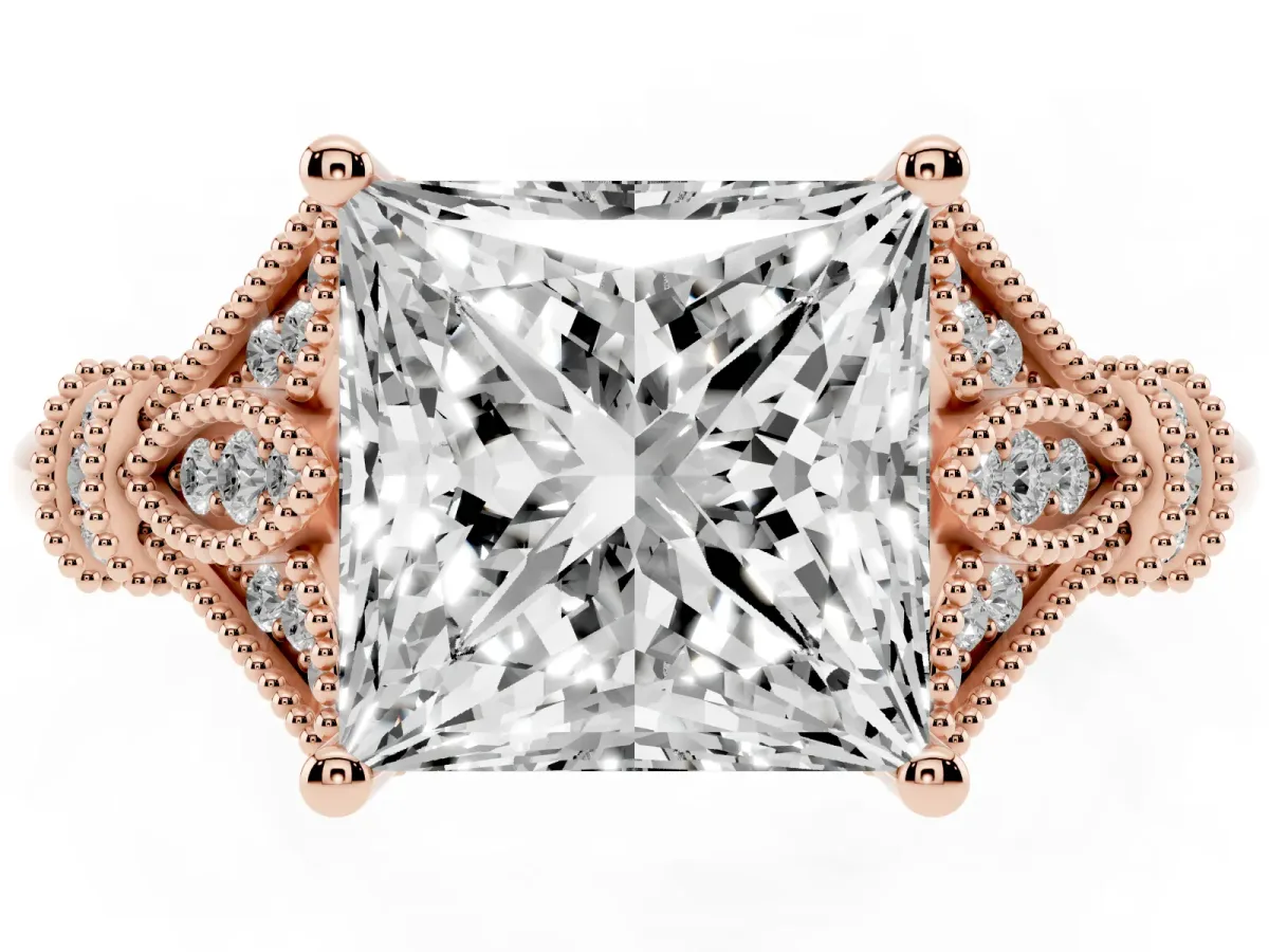 Princess Cut Diamond Solitaire Ring with Floral Filigree and Pave Accents Rose gold