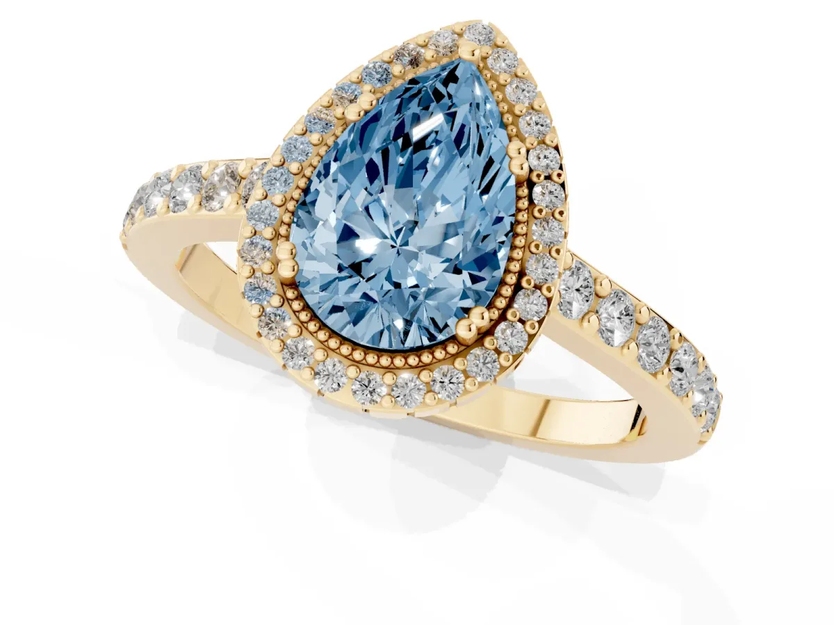 Fancy Blue Pear Cut Cut Diamond Halo Engagement Ring with Milgrain Detail and Pavé Band Yellow gold