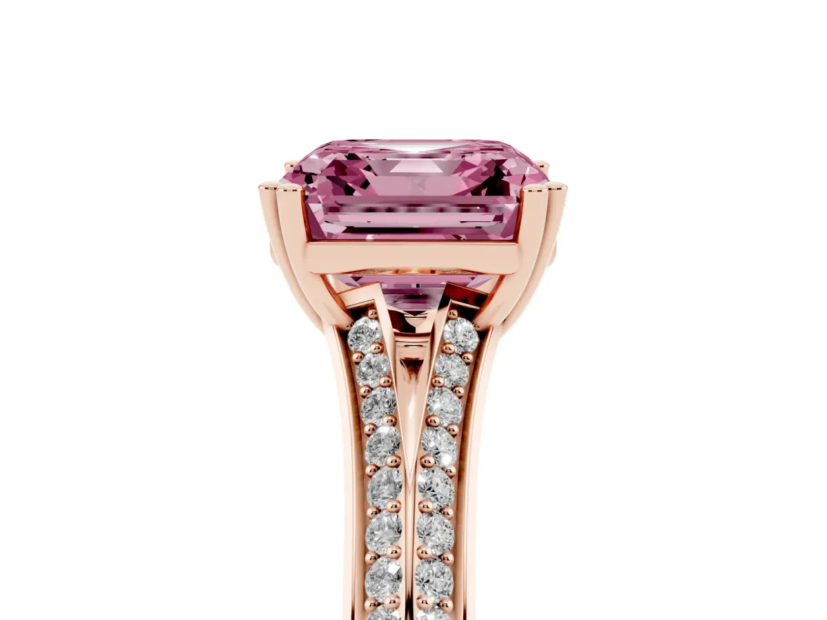 Fancy Pink Asscher Cut Diamond Split Shank Engagement Ring with Pavé Band Rose gold