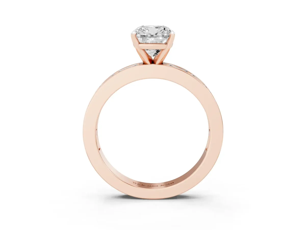 Cushion Cut Solitaire Diamond Ring with Channel-Set Baguette Band and Four-Prong Setting Rose gold