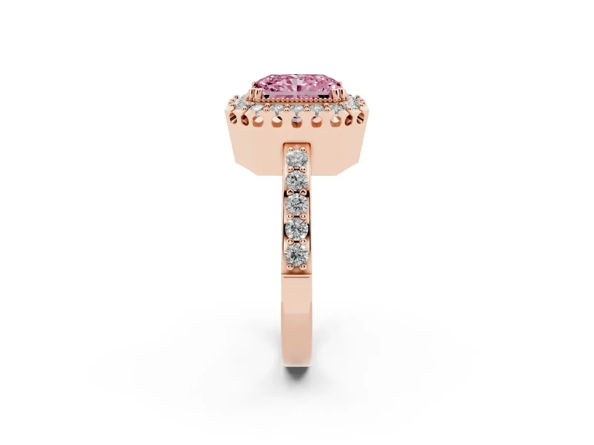 Fancy Pink Radiant Cut Diamond Halo Ring with Pavé Band and Prong Setting Rose gold