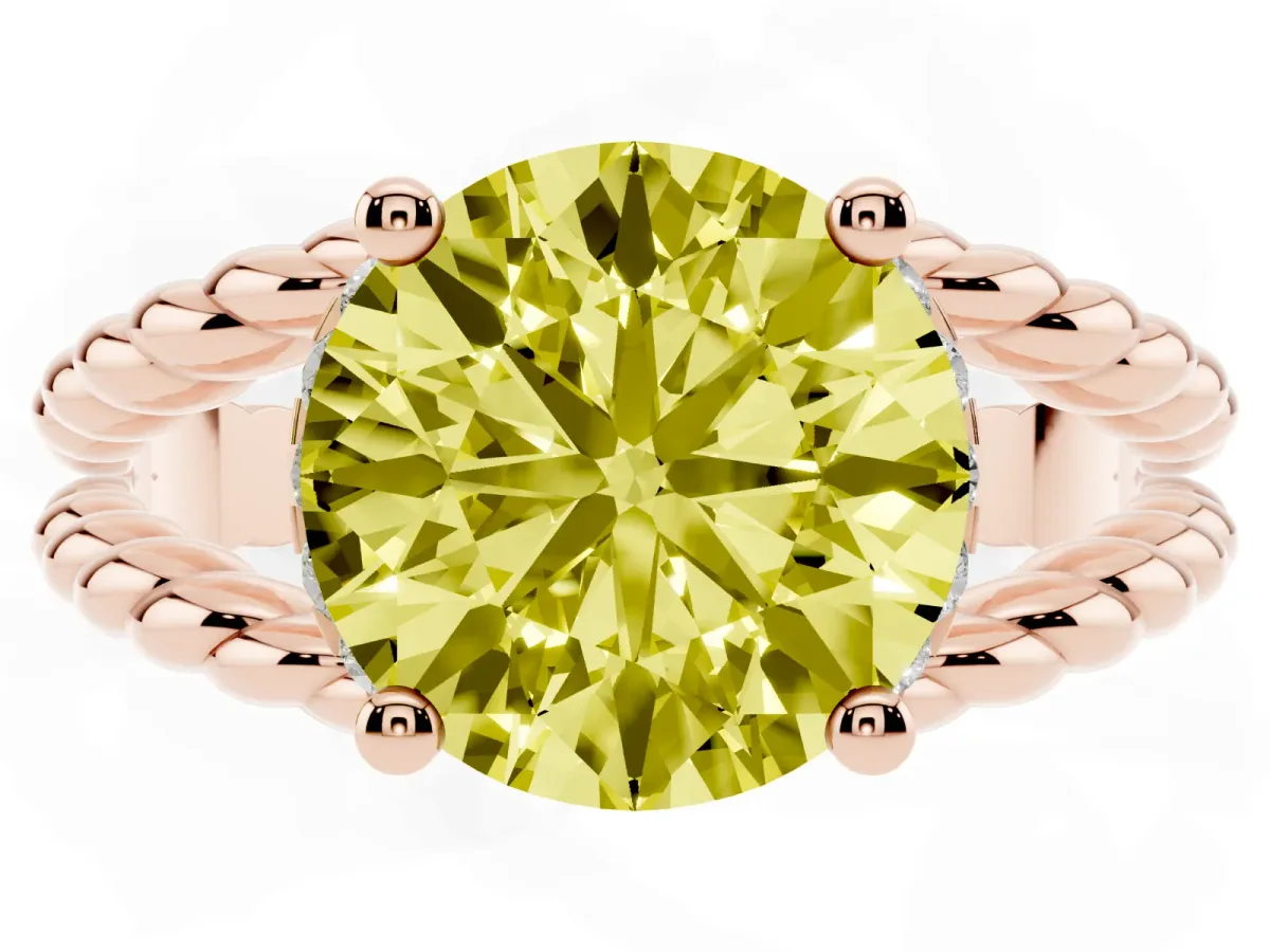 Fancy Yellow Round Cut Halo Twisted Band Four-Prong Ring Rose gold