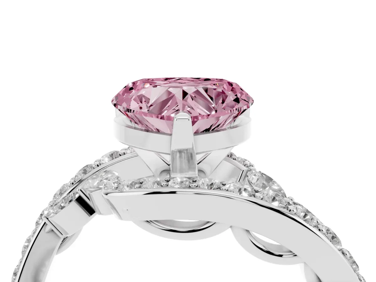 Fancy Pink Heart Cut Solitaire with Pavé Twist Band and Four-Prong Setting Silver