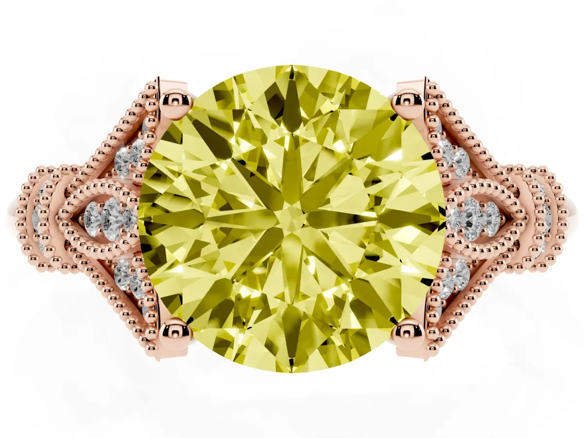 Fancy Yellow Round Cut Diamond Solitaire Ring with Floral Filigree and Pave Accents Rose gold