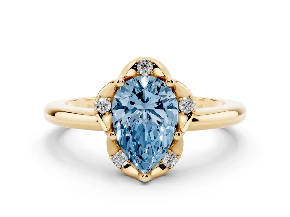 Fancy Blue Pear Cut Halo Diamond Ring with Round Cluster Setting, Solitaire Band, and Four-Prong Setting Yellow gold
